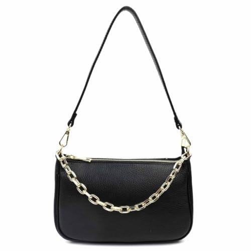 Made in Italy Damen Leder Tasche Pochette mit Kette Schultertasche Handtasche City Bag Umhängetasche Clutch Ledertasche Bodybag Schmucktasche Crossbody Cross-Over Schwarz