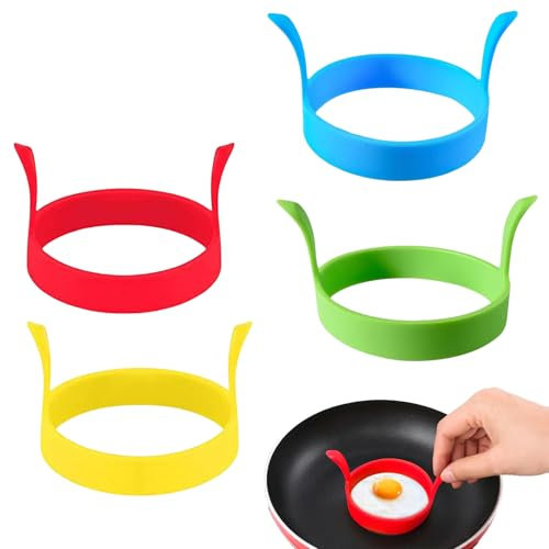 4 Stück Spiegeleiform,Eierform Silikon,Pancake Form,Spiegeleier,Spiegeleierformen für Die Pfanne,Eierformer,Eierringe für Die Pfanne,Pochierte Eier Form,Pfannkuchen für Omelett (Gelb+Rot+Blau+Grün)