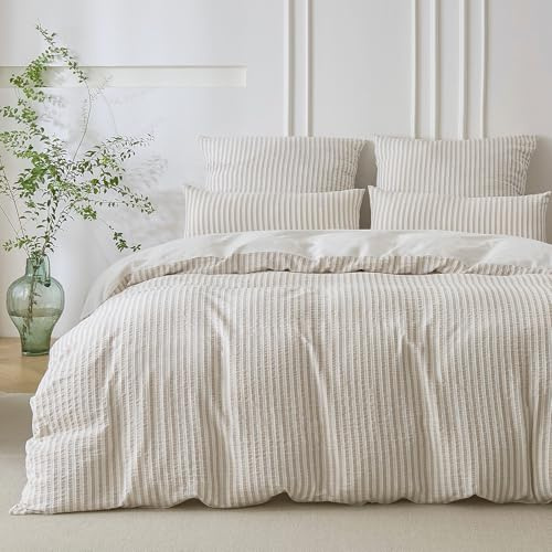 SOULFUL Bettwäsche 155x220 Baumwolle Gestreift Jacquard Helleskhaki | Gewaschene Baumwolle Boho Bettwäsche-Sets mit Reißverschluss Atmungsaktiv Enthält 1 Bettbezug 155x220 und 1 Kissenbezug 80x80