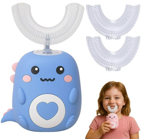 U-Shaped 360º Ultrasonic Toothbrush, 360 Kids Ultrasonic Toothbrush with 2 U Shaped Silicone Brush Heads, LED Light & Dino Look, Dino Electric Tooth Brush - Built for Kids (Blue, M)