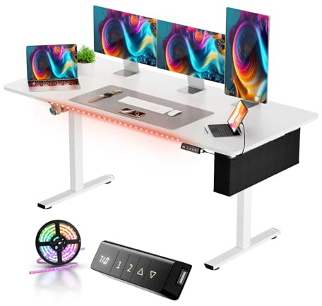 buybyroom Tables de conférence Bureau 160x75 CM, Électrique Réglable en Hauteur Bureau Reglable en Hauteur Electrique, avec Bande Lumineuse, Sac en Tissu et USB Blanc