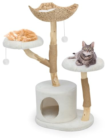 KULAMOON Kratzbaum aus Massivholz, modern, mehrstöckig, mit 2 Blumen-Sitzstangen, Kratzbaum, Hängeball, luxuriöses Boho-Katzenmöbel mit Höhle und Weidenkorb für Indoor-Katzen