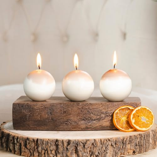 Marco Paul 3pc Unscented Sphere Candles - 6cm Round Wax Christmas Candles Set - Festive Cream & Mocha Decorative Candle Set for Xmas Table, Holiday Décor & Gifts - Premium Candles for Home