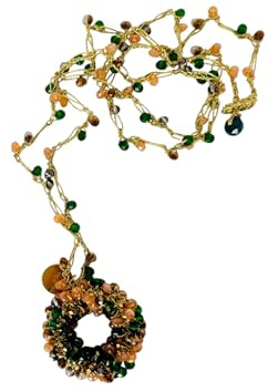 Sorelle Frappalà Collana Artigianale con Cristalli, Ciondolo a Ciambella in Lurex, Gioiello Fatto a Mano all'Uncinetto (Verde Ambra)