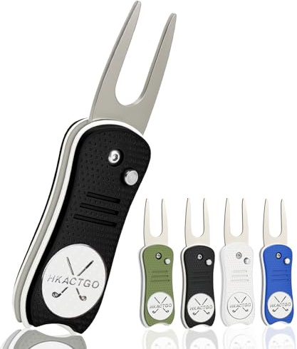 HKACTGO Golf-Pitchgabel-Reparaturwerkzeug mit Premium-Metall-Geschenkbox, robuster 2-lagiger Edelstahl und ABS, dickere und härtere Zinken, faltbar, magnetischer Ballmarker, Schwarz