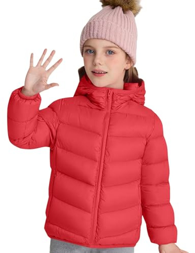 Cappotto invernale per ragazze, piumino trapuntato per bambini, leggero, con cappuccio, tinta unita, caldo, ripiegabile, a maniche lunghe, antivento, Rosso, 14-15 Years