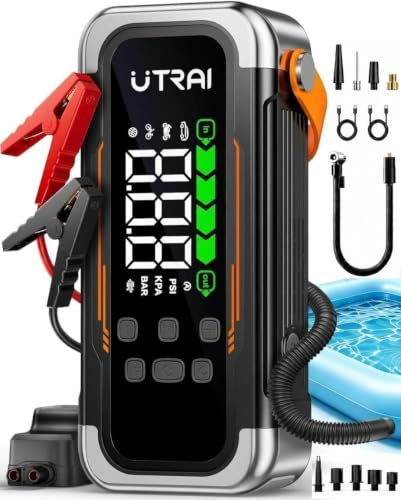 Car Jump Starter Power Pack with Air Compressor/Blower,Portable Battery Booster Pack,UTRAI 150PSI Tyre Inflator,30W Fast Charging Power Bank,800 Lumens LED Emergency Light for 12V Petrol /10L Diesel