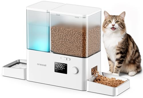 oneisall Distributore automatico per gatti e acqua, 36 tazze/8,5L, 2 in 1, per cibo pulito e acqua fresca, grande capacità, 5 l, dispenser di cibo per gatti e fontana a gravità da 3,5L per animali