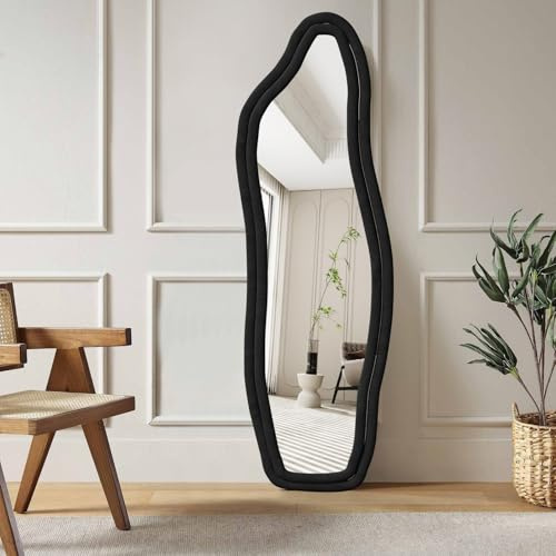 BestAlice Helkroppsspegel 160 x 50 cm, golvspegel, stor asymmetrisk golvspegel, spegel med sammetstygsram, modern väggspegel, hängande, stående, lutbar, vågspegel för sovrum, svart