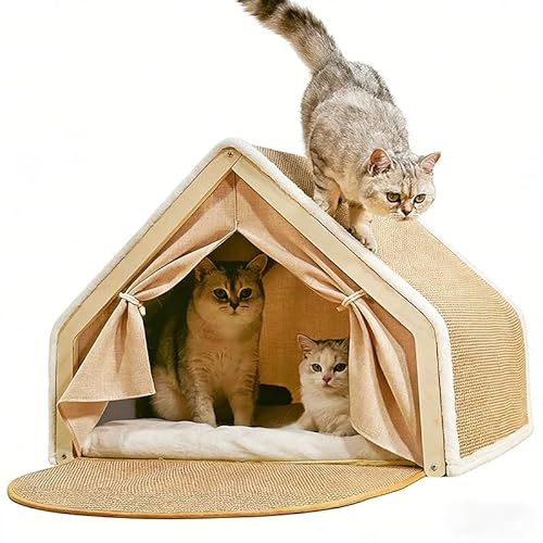 Casetta per gatti con tiragraffi, 2 in 1 in legno e sisal, tenda per gatti, comoda cuccia per gatti per interni per 2 gatti, rifugio per gatti