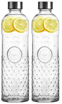 2er-Set Wasserflasche, Trinkflasche, Glasflasche für 1 Liter – gepunktet | transparente Karaffe – Retro & Vintage-Stil – luftdichter Schraubverschluss, auslaufsicher – Umweltfreundlich – Seaside No.64