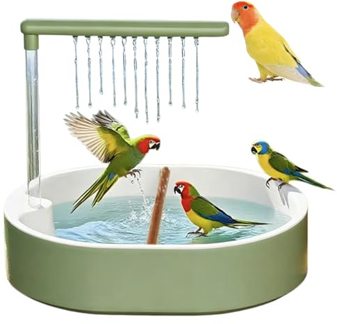 Calenxy Vogelbadewanne, Automatische Wasserzirkulation USB-Betrieben 5V, 32x26cm Großes Becken mit 26 Wasserauslässen, Spritzschutz & Drehbare Sitzstange für Wellensittiche Nymphensittiche (Grün)