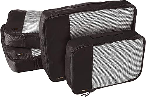 Amazon Essentials Ensemble de 4 Cubes de Rangement, Organisateurs de Voyage avec Double Fermeture Éclair, Dessus en Maille, 100% Polyester, 2 Taille M/2 Taille L, Noir (Anciennement Amazon Basics)