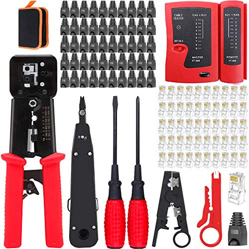 Leatbuy RJ45 Crimpwerkzeug-Set für RJ11/RJ12/CAT5 Crimpen CAT6/6P/4P/8P, professionelles Netzwerk-Crimper-Abisolierzange, Wartungs-LAN-Kabelzange, Tester-Reparaturwerkzeug-Set (schwarz)