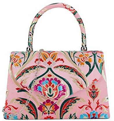 Purple Possum® Damen Handtasche mit Griff oben bestickt Blumen Blumen Muster Clutch Umhängetasche Schultertasche Blau Rot Gelb Grün, rose, medium