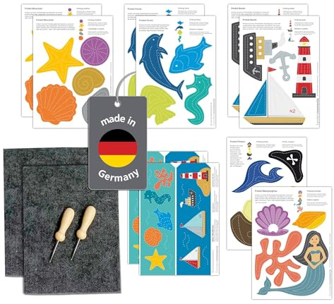 Familienmomente Maxi-Bastelset Prickeln 10 Prickelbilder Meer (je 2x Muscheln, Fische, Boote, Meer-Windlichter, je 1x Pirat, Meerjungfrau) DIN A5, je 2x Prickfilz, Prickelnadel