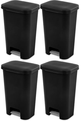 Sterilite 11.9 Gallon Rectangular Step On Kitchen Plastic Indoor Wastebasket with Wide Opening Lid and Comfort Handle for Home, Black (4 Pack)