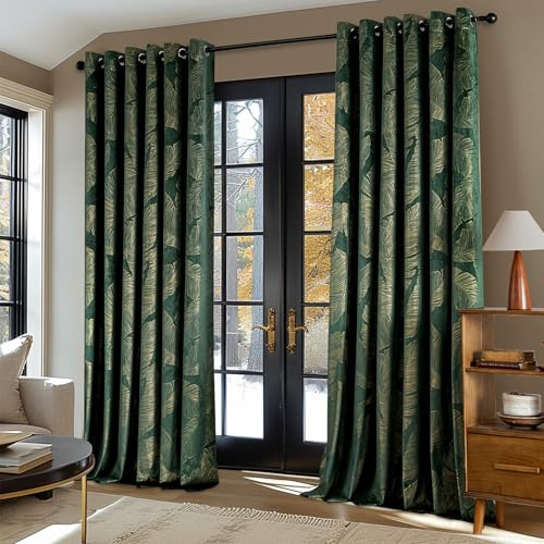 MIULEE Velvet Curtains with Gold Foil Leaves Pattern, 2 Dark Green Velvet Curtains with Eyelets, Each 90 x 90 Inch, Room Darkening Drapes for Classical Living Room Bedroom