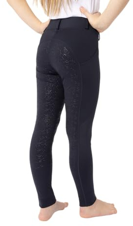 HORZE Leggings da equitazione per bambini, DEA, pantaloni da equitazione, passanti per cintura, inserto completo, custodia per cellulare, navy scuro, 122-128 cm