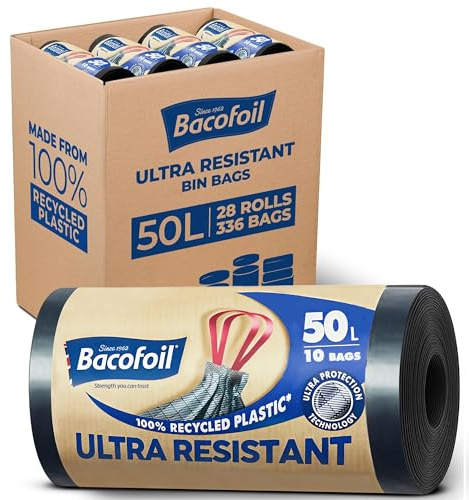 Bacofoil Ultra Resistant Bin Liners with Drawstring Handles 50L - Leak-Proof and Tear Resistant Bin Bag with Ultra Protection Technology (28 Rolls, 280 Bags)
