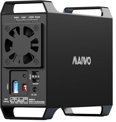 MAIWO Dual Bay RAID Enclosure for 3.5 SATA HDD, 2 Bay Hard Drive Enclosure with Cooling Fan, 4 RAID Modes, USB 3.0 for 44TB Expansion