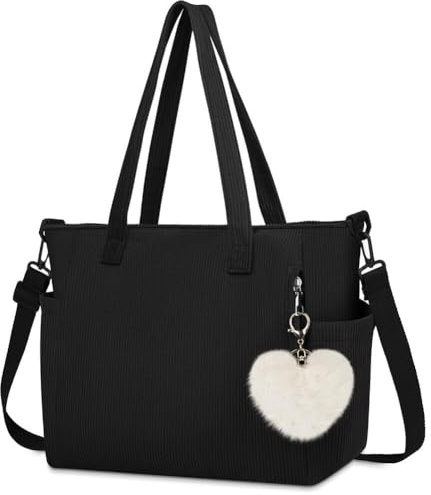 Aucuu Corduroy Tote Bag, Shoulder Bag, Large Capacity Hobos Handbags, Women Waterproof Corduroy Bag, with Plush Charm and Detachable Shoulder Strap, for Work School Shopping Travel Black