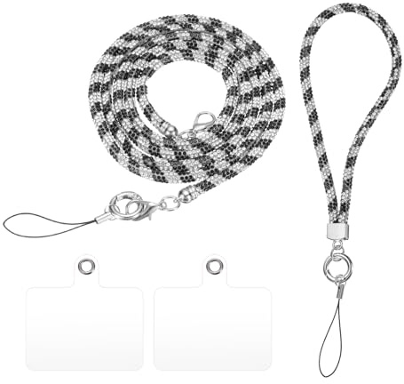 sourcing map Phone Crossbody Lanyard, 2 Size Crystal Phone Lanyard Bling Shoulder Strap Phone Bag Handbag Strap Universal Cell Phone Chain for Phone Handbag Wallet (Black/White, 27.6/9.6)