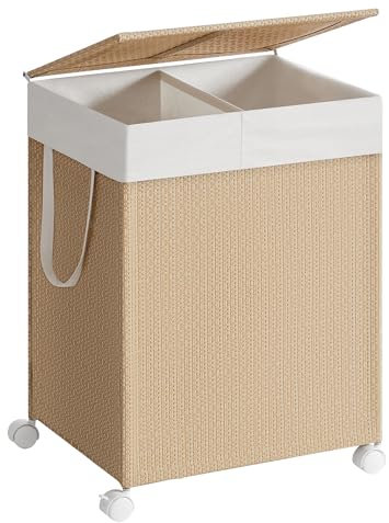SONGMICS HOME Cesto Portabiancheria a 2 Scomparti, Carrello Biancheria Sporca 100 L con Ruote Coperchio, Sacco con Manici, Effetto Rattan, Lavanderia Bagno, Beige Naturale e Bianco Opaco LCB601N01