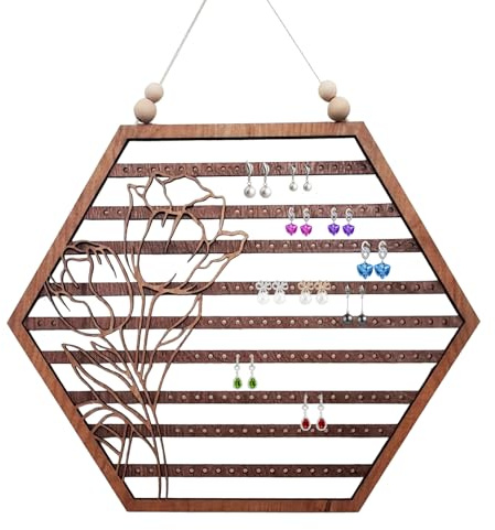 Orecchini in legno, organizzatore da parete per gioielli, organizzatore per orecchini, montaggio a parete, organizer per appendere luna, esagono, supporto per anelli, collane, bracciali H
