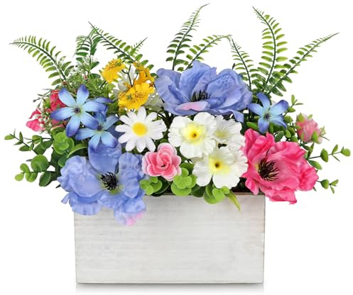 Arborus Artificial Flowers in Wooden Pot 19CM Faux Silk Flower Arrangement in Rustic Planter Spring Table Centrepiece Fake Blue Poppy Flowers Potted with Greenery for Home Kitchen Window Sill Decor