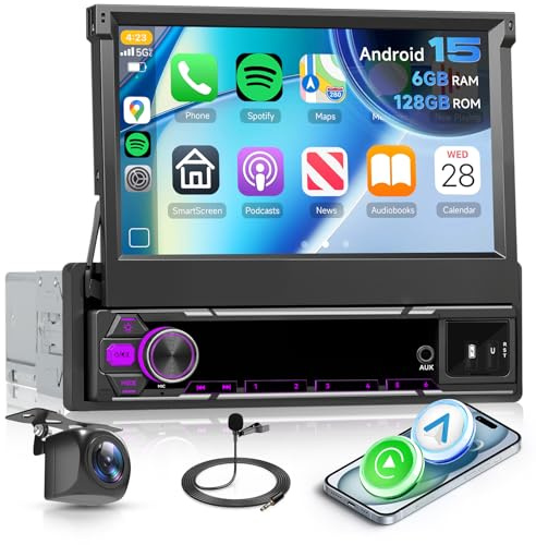 Hodozzy 6GB + 128GB Android 15 bilradio 1 DIN skärm Utdragbar med Carplay Wireless Android Auto, 7 tums pekskärm Navi GPS Radio med WiFi, Bluetooth, FM/AM/RDS, DSP, USB och backkamera