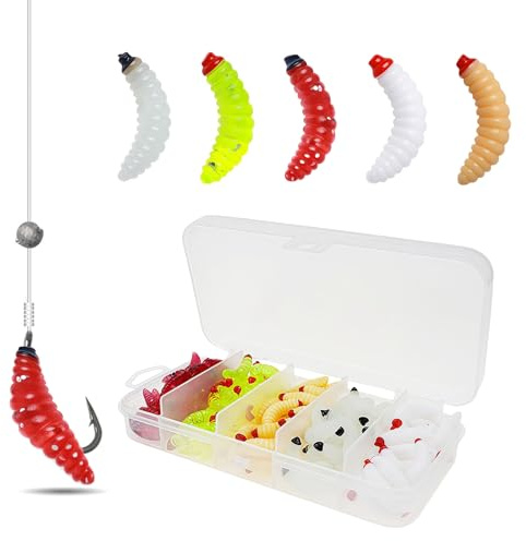 LUMOOM 100 gusanos artificiales de cebo artificial, gusanos de plástico, para trucha, tipo de pez, pan, trucha de mar, pesca de hielo