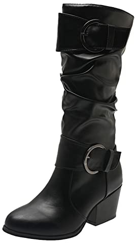 Generisch Bottes pour femme avec mollet large, bottes d'équitation pour femme, couleur unie, talon carré, sangle à boucle, mi-mollet, chaussures à bout rond à talon bloc, Noir , 39 EU
