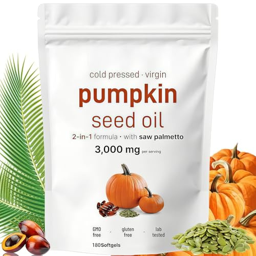 Premium Pumpkin Seed Oil Capsules, Cold Pressed Pure Virgin Oil with Essential, 180 Softgels for Hair Health Support, Non-GMO | Gluten Free