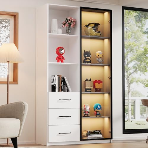 BTM Vitrine und Bücherregal mit Glastüren, Wohnzimmer Hochschrank Glasvitrine Vitrinenschrank mit LED Beleuchtung, Schubladen, Weiß