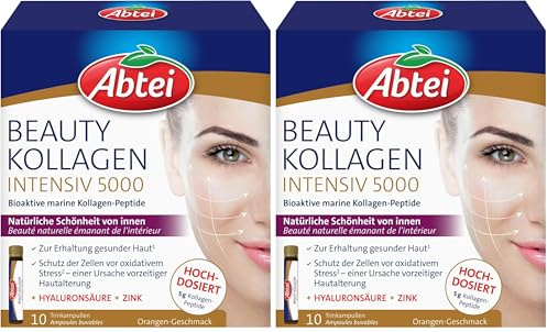 Abtei Beauty Kollagen Intensiv 5000 - Für natürliche Schönheit von innen - 5 g Kollagen-Peptide, Hyaluronsäure, Zink und Vitamin C - Hochdosiert, zuckerfrei - 10 Trinkampullen (Packung mit 2)