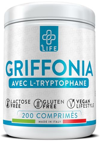 Griffonia 400mg Con Triptofano 80mg 200 Comprimidos PiùLife, Suplemento Natural Buen Humor, Para Conciliar El Sueño Y Dormir Bien Adultos, Reducir Estrés, Insomnio, Relax, Dosis Alta