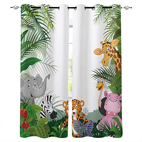 LWXBJX Cortinas Dormitorio Opacas Suaves con Ojales - Selva dibujos animados elefante tigre - Impresión 3D Aislantes de Frío y Calor 90% Opacas Cortinas - 150 x 166 cm - Salon Cocina Habitacion Niño M