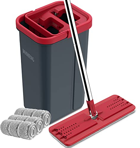 BOSHENG Mocio e secchio con strizzatore, mocio piatto e secchio mani libere, 3 panni in microfibra lavabili inclusi, uso bagnato e asciutto, sistema di pulizia del pavimento domestico, nero e rosso