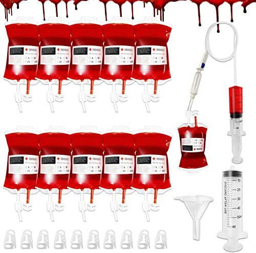 10 Stück 350 ml Halloween Trinkgefäß Blutbeutel, Getränkebeutel mit Blutgruppenetiketten und Spritze, Horror Dekoration, Halloween Cosplay Zombie