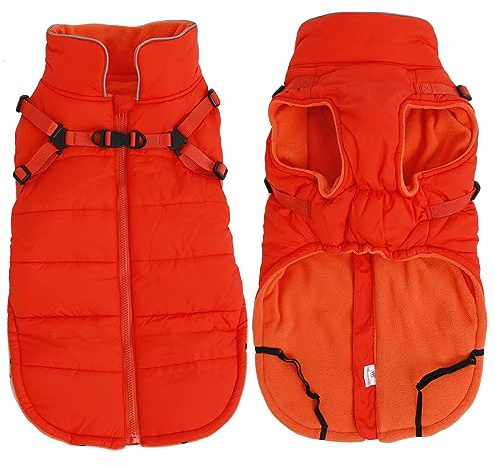 babepet Wasserdichter Hundemantel mit Geschirr, Hunde-Winterjacke mit Fleecefutter, reflektierende Weste, Haustierkleidung mit verstellbarem Brustgurt, Orange, Größe M
