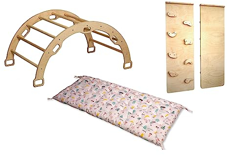 Montessori Kletterbogen | Bogen mit zweiseitiger Felswandrampe & Kissen | Hölzerner Kletterbogen & Kletterwand für Kinder | Kletterbogen Set mit Rampe und Kissen (Flamingo)