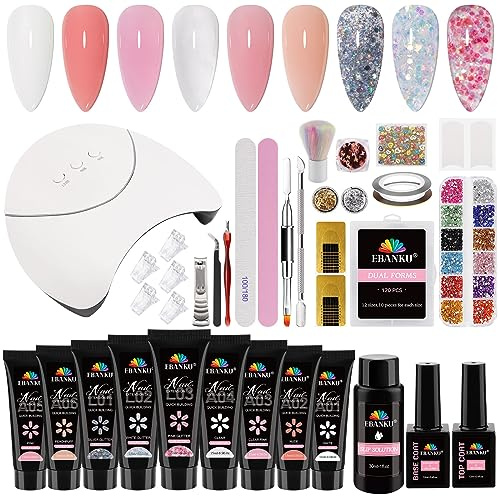 EBANKU poly nagellack gelset, 9 färger poly nagelgel nagelförlängning kit gelnaglar startset builder gelset med lampa, nagelspetsar, slip lösning, komplett startnagelstudioset för kvinnor