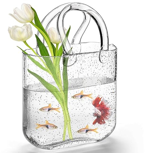 Noamus Purse Vase for Flowers, Unique Clear Glass Bag Vases with Handle, Handbag Shape Flower Vase Fish Bowl, Wide Mouth Bubble Vases for Wedding Birthday Centerpieces, Home Garden Decor(Transparent)