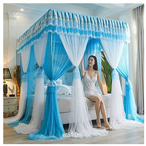 MIDUNU 4 Ecken Pfosten-Himmelbett-Vorhang, Prinzessin, bestickte Spitze, Rüschen, Betthimmel, Betthimmel-Vorhang für Mädchen und Erwachsene, Doppellagiges, transparentes Netz-Moskitonetz