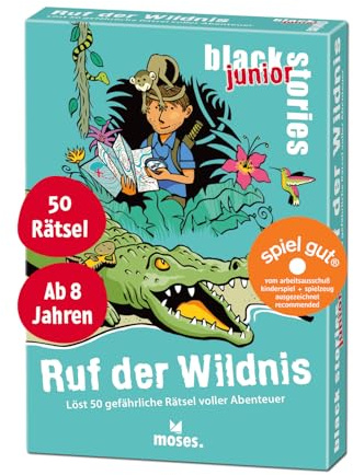 Moses. Black Stories junior Ruf der Wildnis - 50 Rätsel voller Abenteuer, Rätsel Kartenspiel mit Spielvariante und Punktechips, Rätselspiel für Kinder ab 8 Jahren