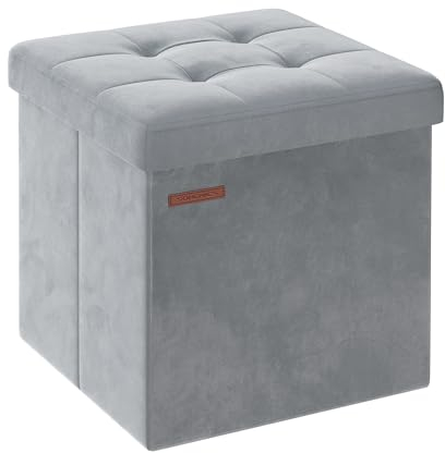 SONGMICS Puff Almacenaje, Banco de Almacenamiento de Terciopelo Plegable, Taburete Reposapiés, 38 x 38 cm, Carga de 300 kg, para Entrada, Sala de Estar, Dormitorio, Gris Paloma LSF227G02