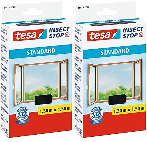 tesa Insect Stop Standard Fliegengitter für Fenster im 3er Pack - Insektenschutz zuschneidbar - Mückenschutz ohne Bohren - 3 x Fliegen Netz - 100 cm x 100 cm - Anthrazit