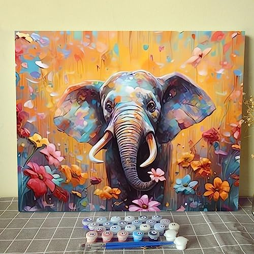 Walarky Malen nach Zahlen, 40,6 x 50,8 cm, Leinwand, Ölgemälde zum Selbermachen, für Kinder, Studenten, Erwachsene, Anfänger, mit Pinseln und Acrylpigmenten, Blumenelefant (rahmenlos) für