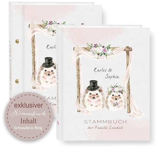 Stammbuch der Familie personalisiert Funny Landac A5 A4 Familienstammbuch Igel Brautpaar Stammbücher Weiß Rosa Handarbeit
